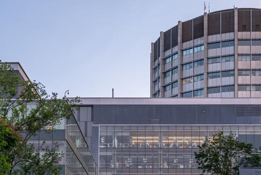 Evening shot of two campus buildings